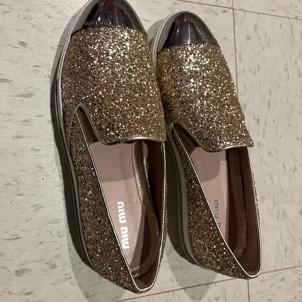 Authentic Miu Miu Sparkling Gold Glitter Loafers